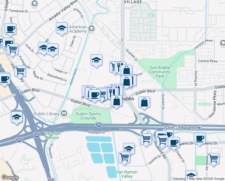 map of restaurants, bars, coffee shops, grocery stores, and more near 6586 Sierra Lane in Dublin