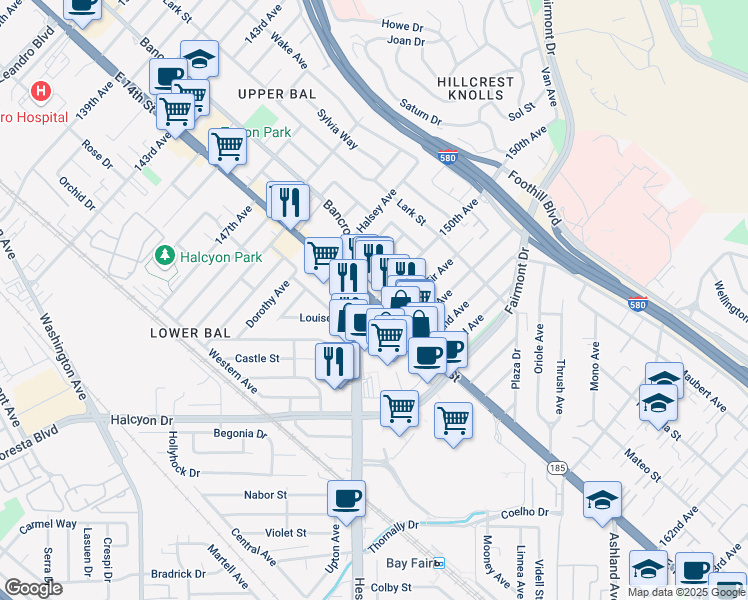 map of restaurants, bars, coffee shops, grocery stores, and more near East 14th Street & 150th Avenue in San Leandro