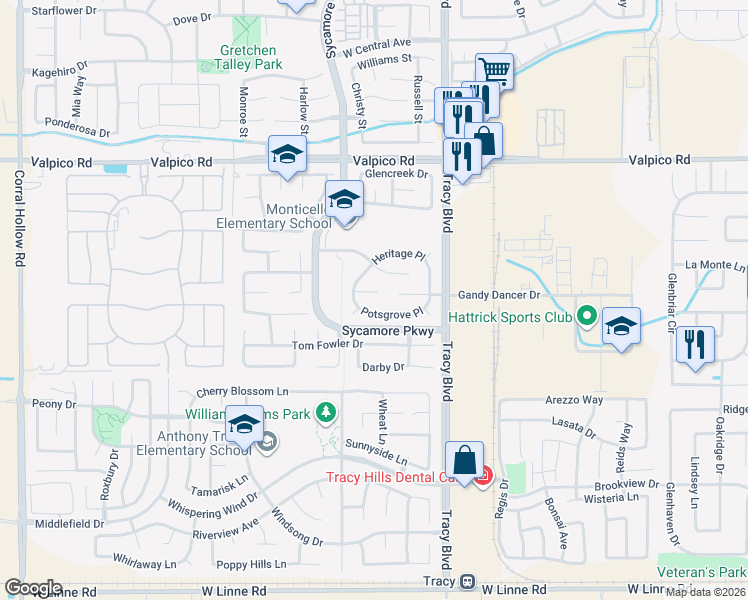 map of restaurants, bars, coffee shops, grocery stores, and more near 775 Potsgrove Place in Tracy