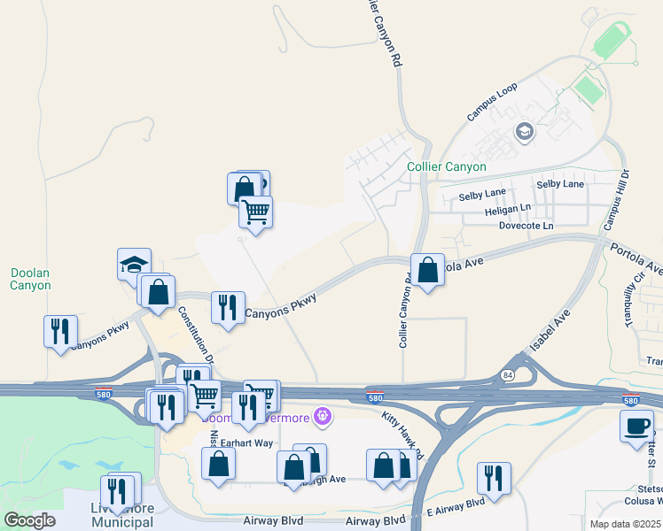 map of restaurants, bars, coffee shops, grocery stores, and more near 201-333 North Canyons Parkway in Livermore