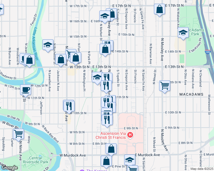 map of restaurants, bars, coffee shops, grocery stores, and more near 1245 North Broadway in Wichita