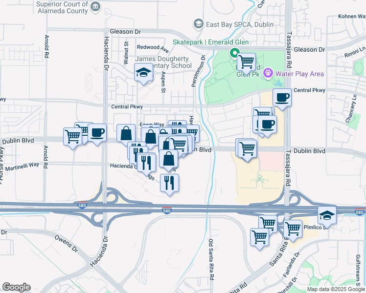map of restaurants, bars, coffee shops, grocery stores, and more near 4556 Dublin Blvd in Dublin