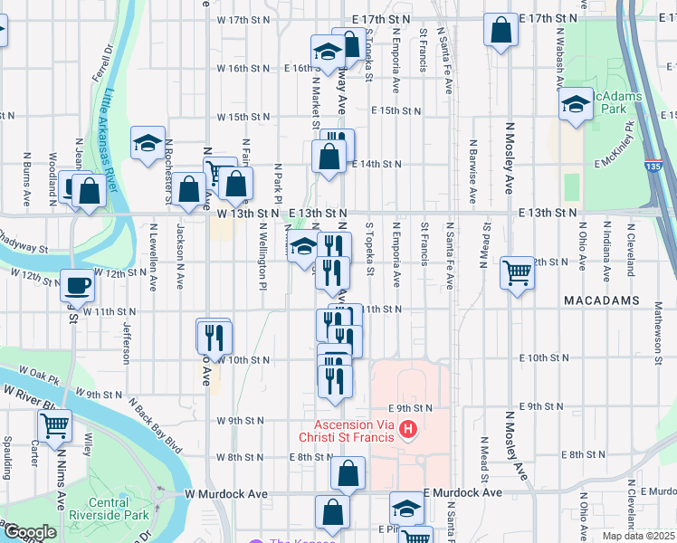 map of restaurants, bars, coffee shops, grocery stores, and more near 1245 North Broadway in Wichita