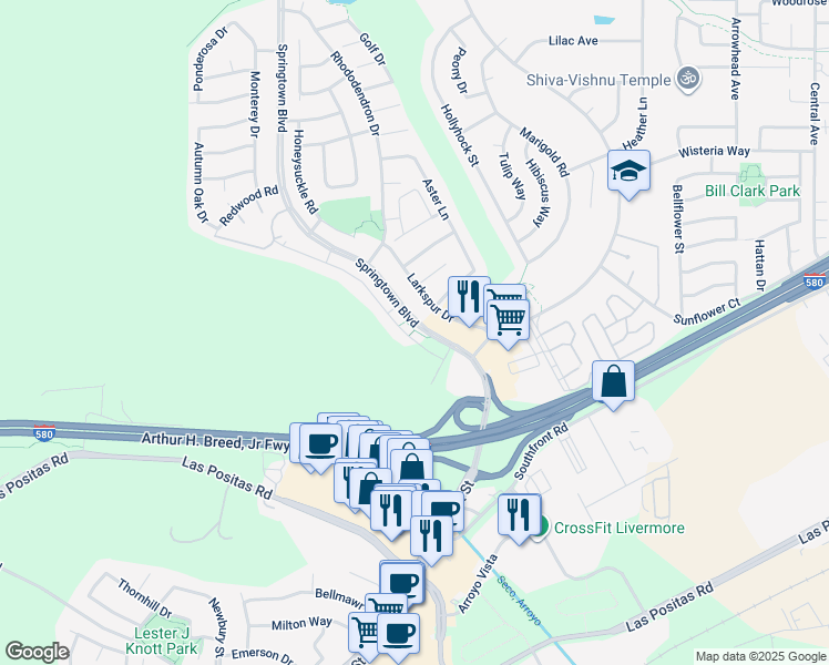 map of restaurants, bars, coffee shops, grocery stores, and more near 1031 Spring Valley Common in Livermore