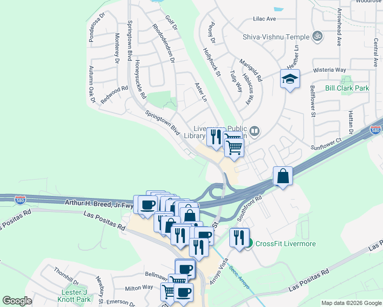 map of restaurants, bars, coffee shops, grocery stores, and more near 1030 Spring Valley Common in Livermore