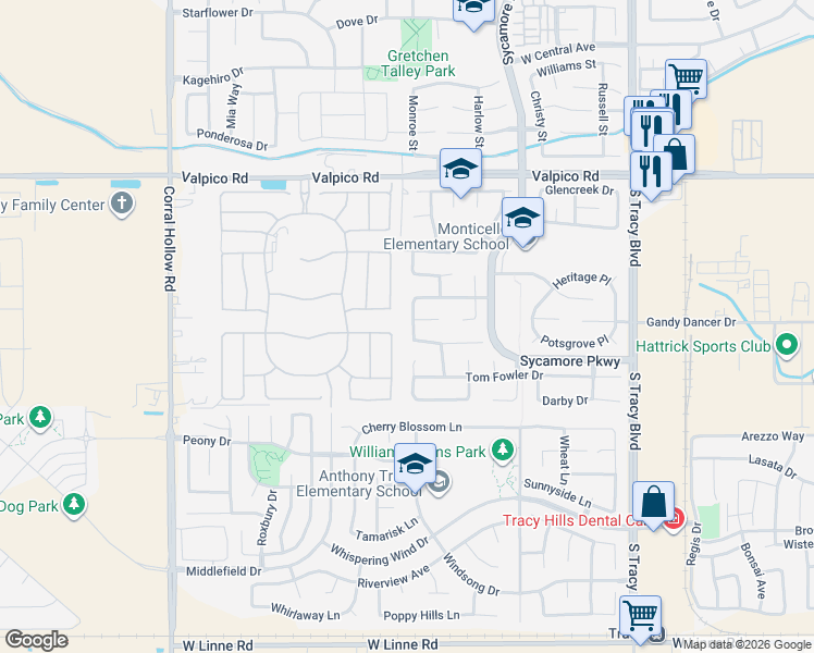 map of restaurants, bars, coffee shops, grocery stores, and more near 3427 Patch Lane in Tracy