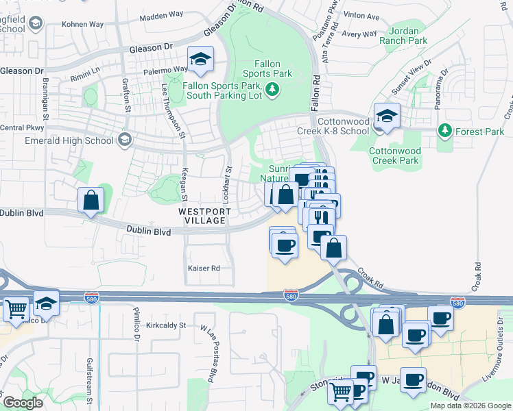 map of restaurants, bars, coffee shops, grocery stores, and more near 2933 Stringham Way in Dublin