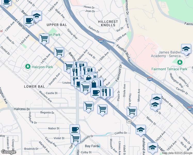 map of restaurants, bars, coffee shops, grocery stores, and more near 15087 Robin Street in San Leandro