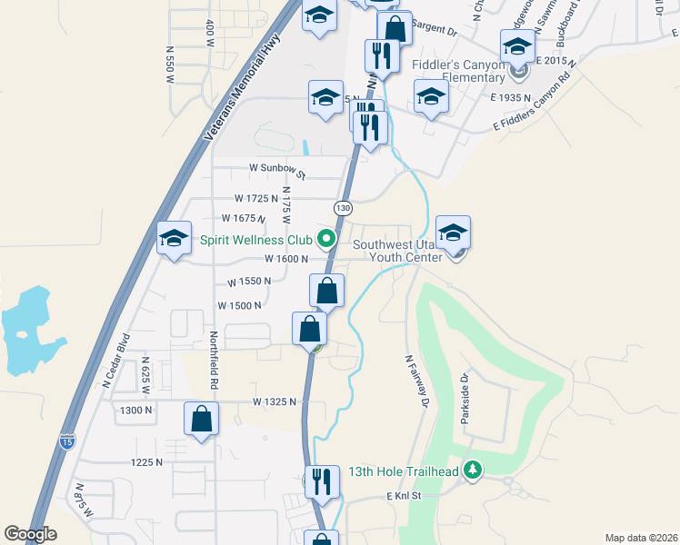 map of restaurants, bars, coffee shops, grocery stores, and more near 38 East 1600 North in Cedar City
