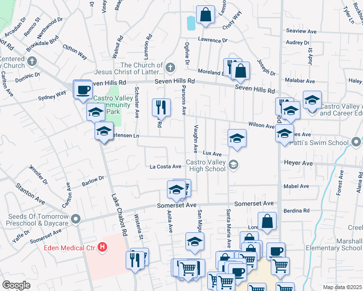 map of restaurants, bars, coffee shops, grocery stores, and more near 19286 Parsons Avenue in Castro Valley
