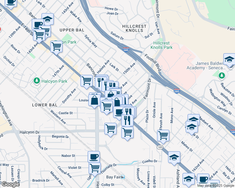map of restaurants, bars, coffee shops, grocery stores, and more near 1473 151st Avenue in San Leandro