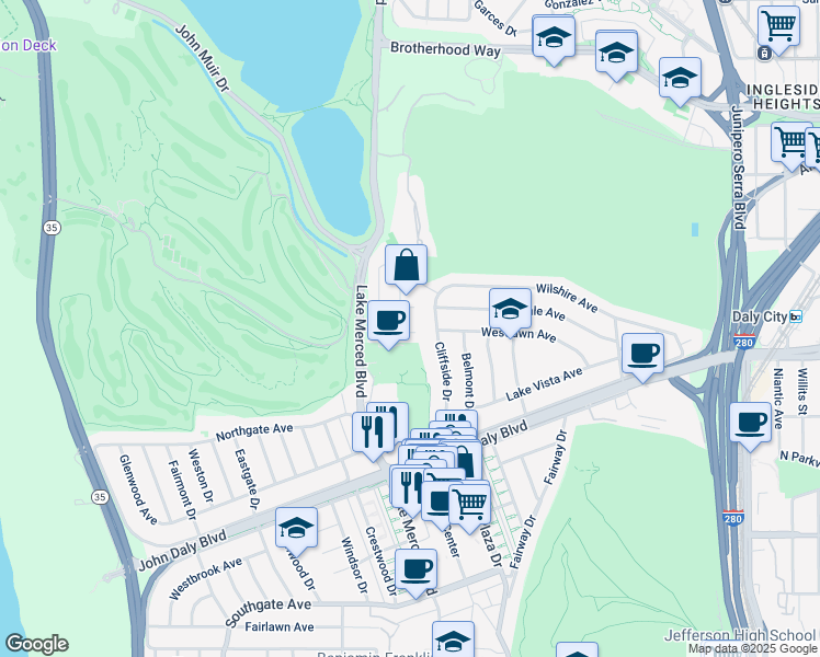 map of restaurants, bars, coffee shops, grocery stores, and more near 19 Parkside Avenue in Daly City
