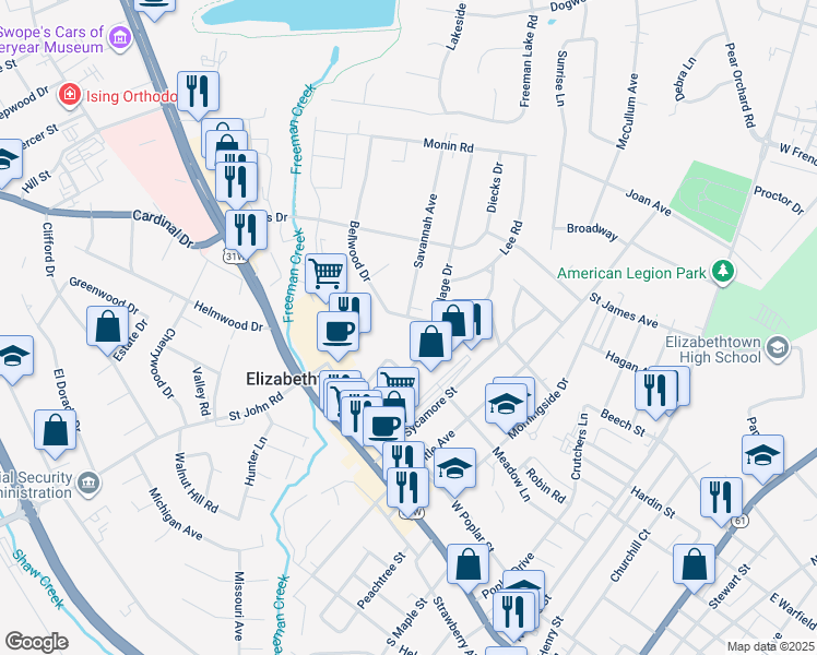map of restaurants, bars, coffee shops, grocery stores, and more near 539 Cherry Drive in Elizabethtown