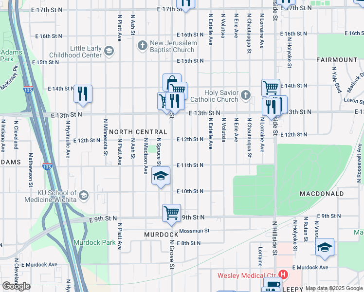 map of restaurants, bars, coffee shops, grocery stores, and more near 1230 North Grove Street in Wichita