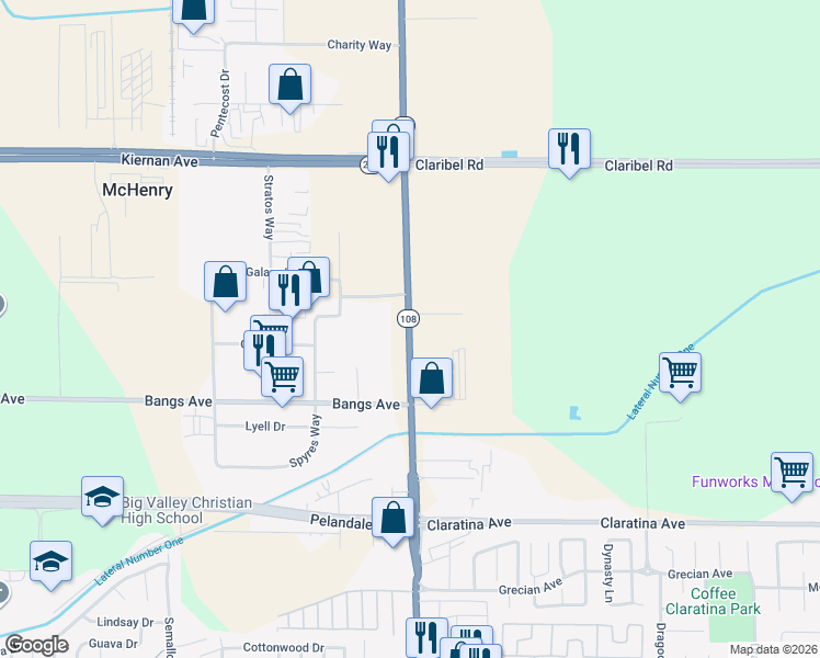 map of restaurants, bars, coffee shops, grocery stores, and more near 4606 California 108 in Modesto