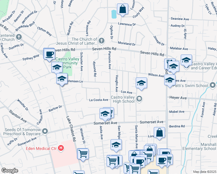 map of restaurants, bars, coffee shops, grocery stores, and more near 19286 Parsons Avenue in Castro Valley