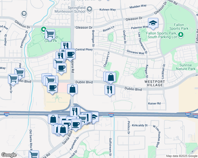 map of restaurants, bars, coffee shops, grocery stores, and more near 3715 Dublin Boulevard in Dublin