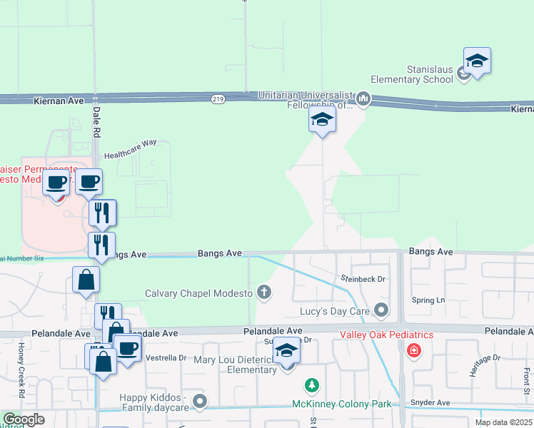 map of restaurants, bars, coffee shops, grocery stores, and more near 2473 Bangs Avenue in Modesto