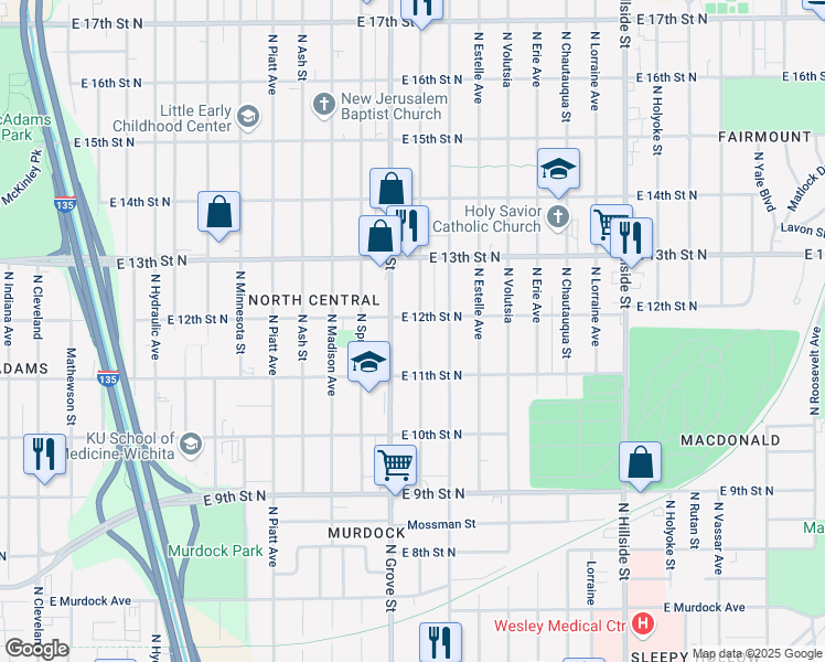 map of restaurants, bars, coffee shops, grocery stores, and more near 1230 North Grove Street in Wichita