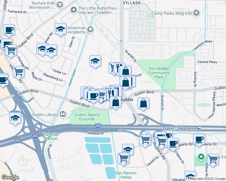 map of restaurants, bars, coffee shops, grocery stores, and more near 6566 Sierra Lane in Dublin