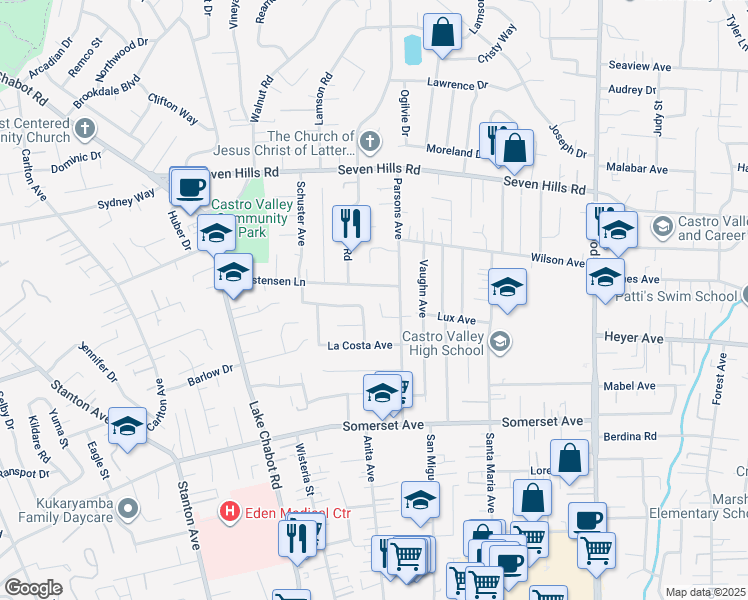 map of restaurants, bars, coffee shops, grocery stores, and more near 3645 Parsons Court in Castro Valley