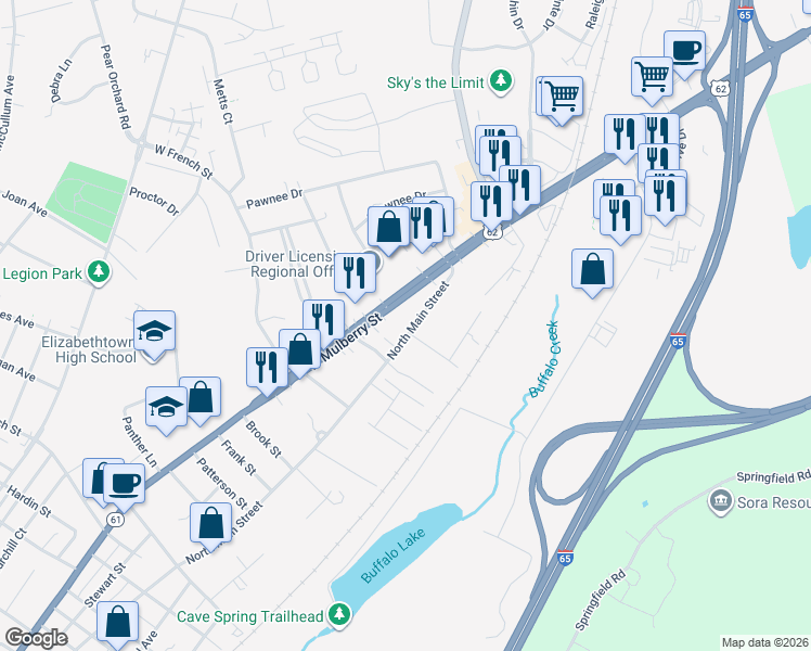 map of restaurants, bars, coffee shops, grocery stores, and more near 102-104 Irwin Avenue in Elizabethtown