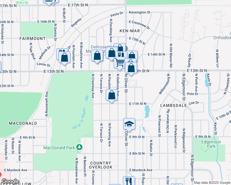 map of restaurants, bars, coffee shops, grocery stores, and more near 1228 N Pershing St in Wichita
