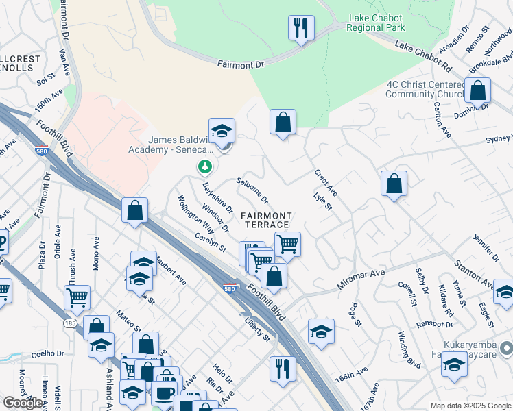 map of restaurants, bars, coffee shops, grocery stores, and more near 16068 Gramercy Drive in San Leandro