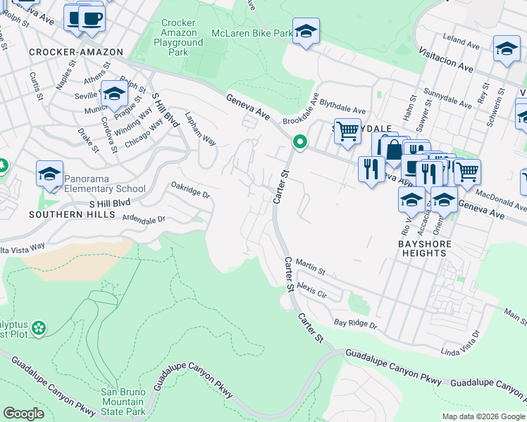 map of restaurants, bars, coffee shops, grocery stores, and more near in Daly City