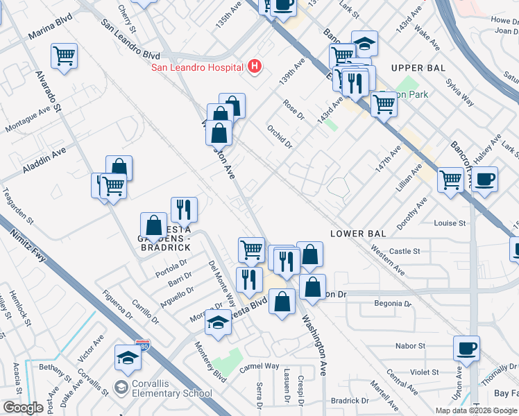 map of restaurants, bars, coffee shops, grocery stores, and more near 14332 Washington Avenue in San Leandro