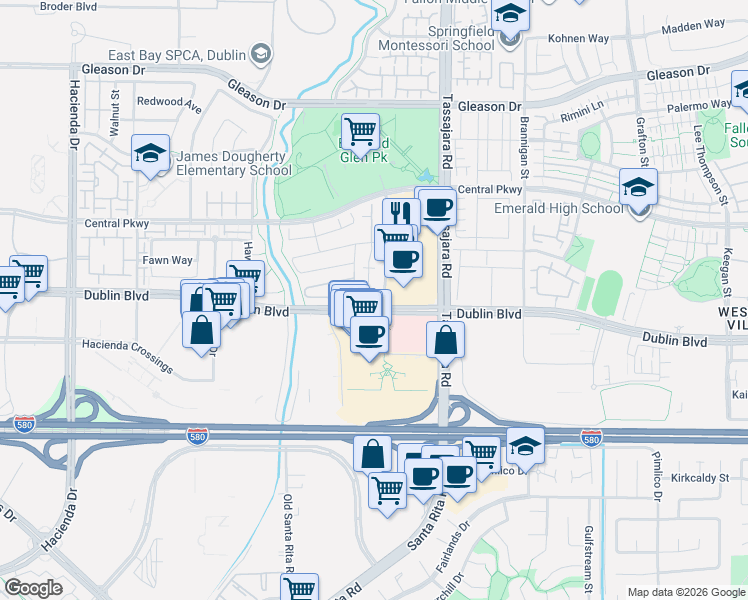 map of restaurants, bars, coffee shops, grocery stores, and more near 4503 Sandyford Court in Dublin