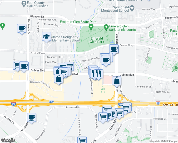 map of restaurants, bars, coffee shops, grocery stores, and more near 4288 Dublin Boulevard in Dublin
