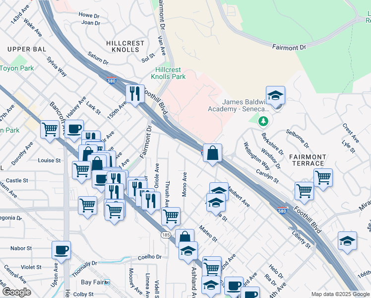 map of restaurants, bars, coffee shops, grocery stores, and more near 15602 Maubert Avenue in San Leandro