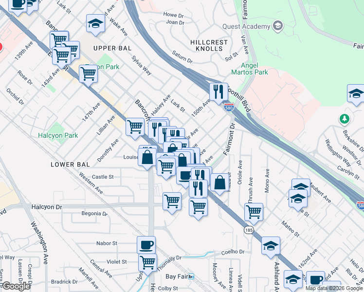 map of restaurants, bars, coffee shops, grocery stores, and more near 1473 151st Avenue in San Leandro