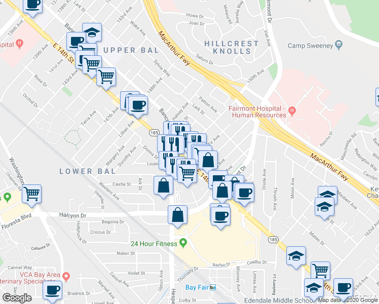 map of restaurants, bars, coffee shops, grocery stores, and more near in San Leandro