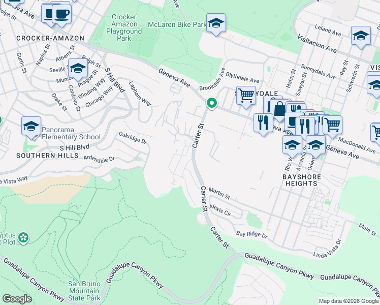 map of restaurants, bars, coffee shops, grocery stores, and more near in Daly City