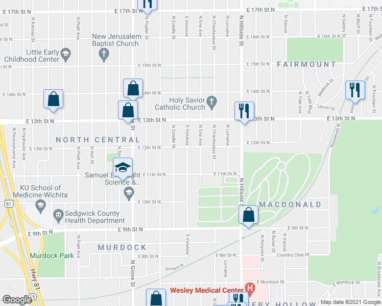 map of restaurants, bars, coffee shops, grocery stores, and more near 1228 Volutsia in Wichita