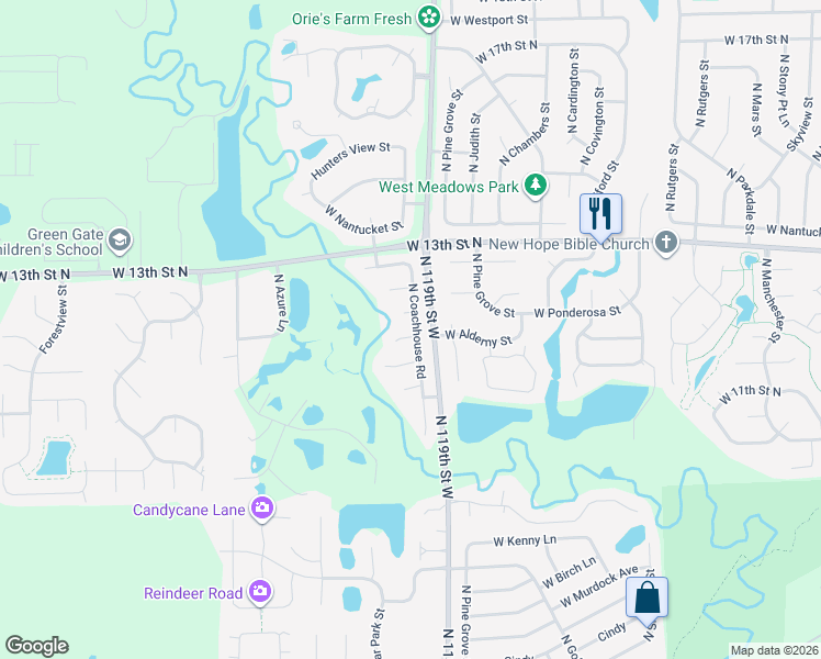 map of restaurants, bars, coffee shops, grocery stores, and more near 1215 North Coachhouse Road in Wichita
