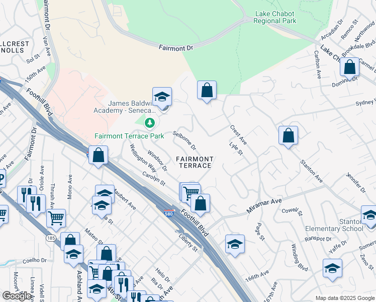 map of restaurants, bars, coffee shops, grocery stores, and more near 16068 Gramercy Drive in San Leandro