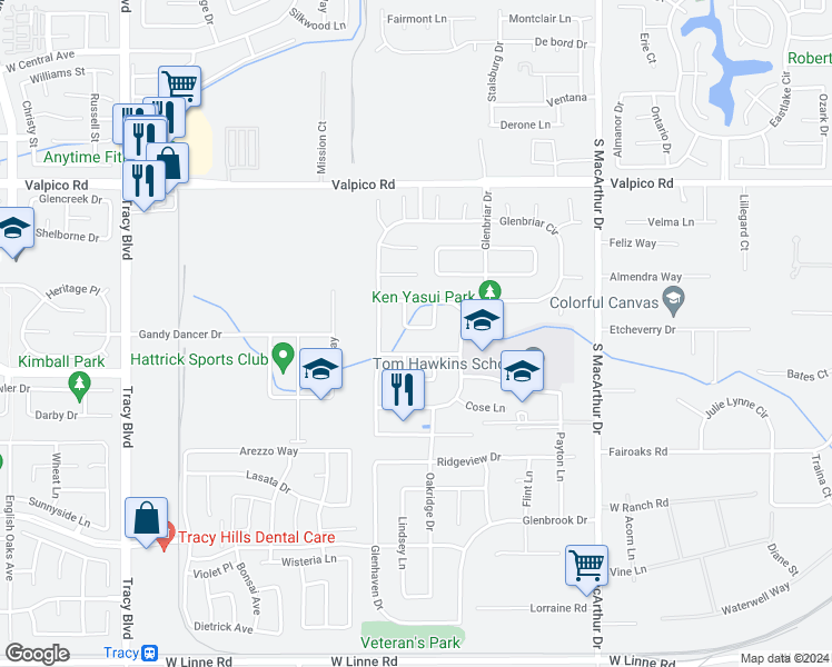 map of restaurants, bars, coffee shops, grocery stores, and more near 3463 Eagle Rock Loop in Tracy