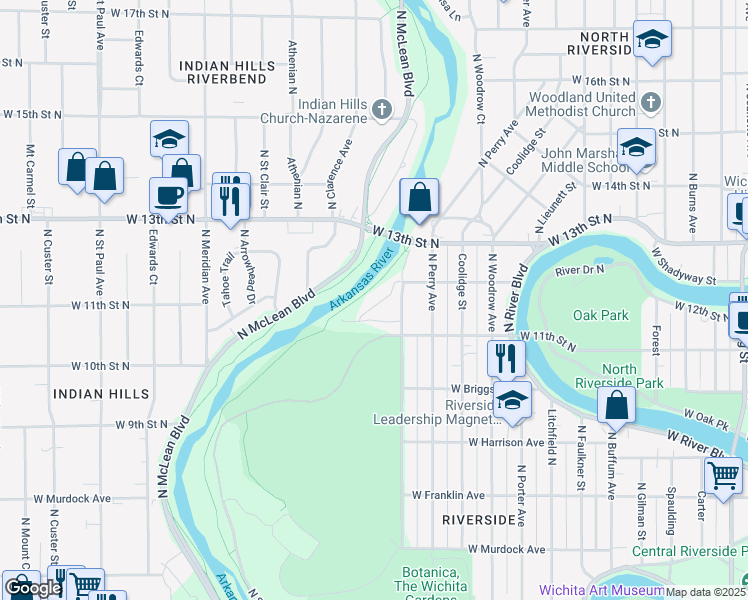 map of restaurants, bars, coffee shops, grocery stores, and more near 2050 West 11th Street North in Wichita