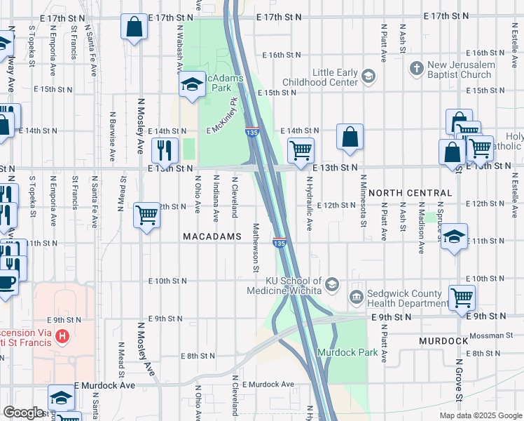 map of restaurants, bars, coffee shops, grocery stores, and more near 1260 North Mathewson Avenue in Wichita
