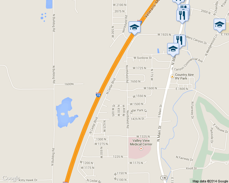 map of restaurants, bars, coffee shops, grocery stores, and more near 465 W 1600 N in Cedar City