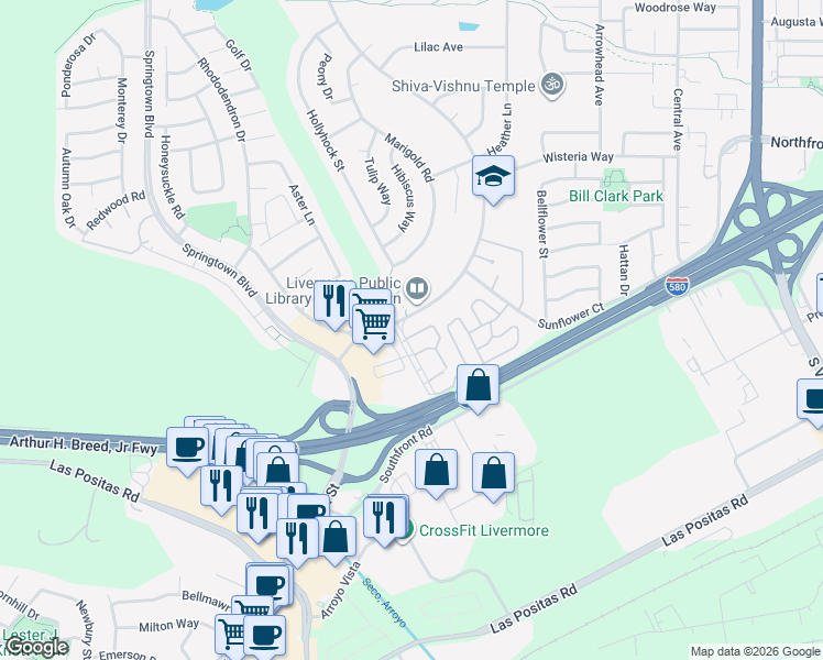 map of restaurants, bars, coffee shops, grocery stores, and more near 1007 Bluebell Drive in Livermore
