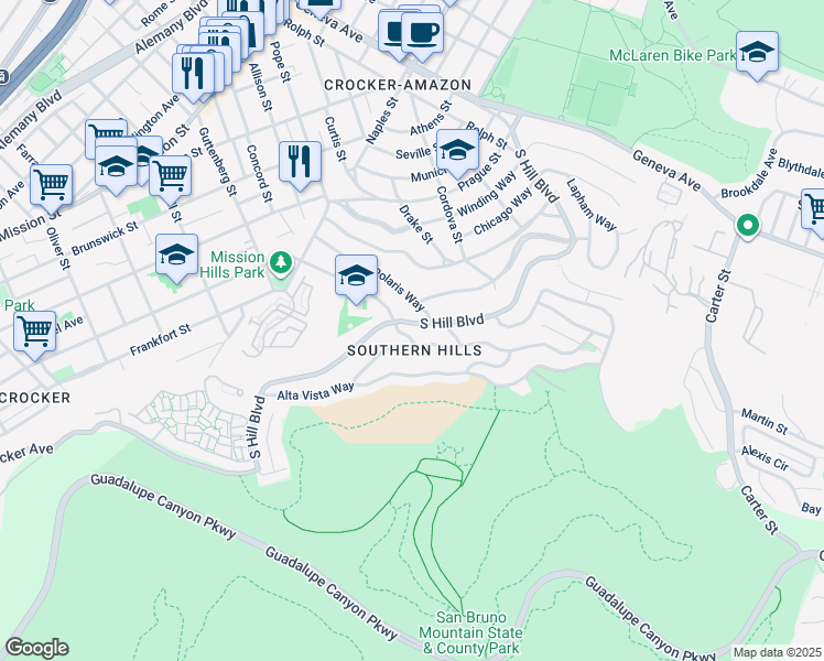 map of restaurants, bars, coffee shops, grocery stores, and more near 298 Ardendale Drive in Daly City