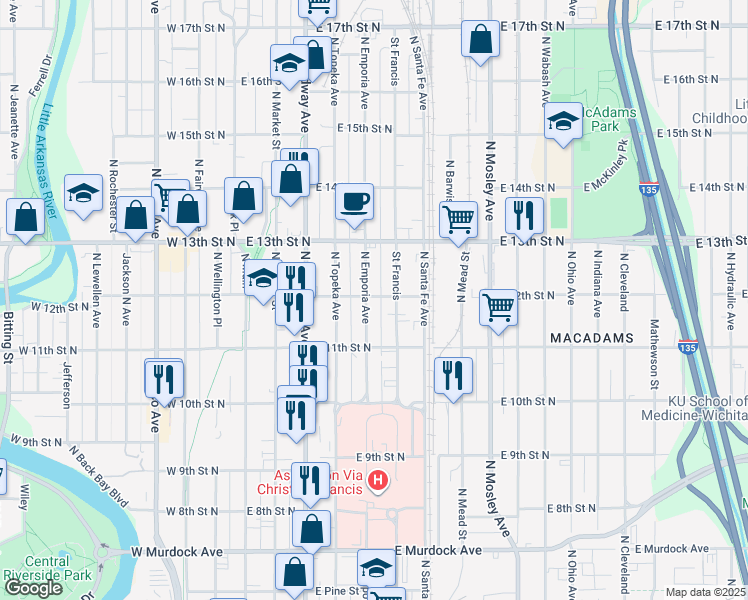 map of restaurants, bars, coffee shops, grocery stores, and more near 1237 North Saint Francis Street in Wichita