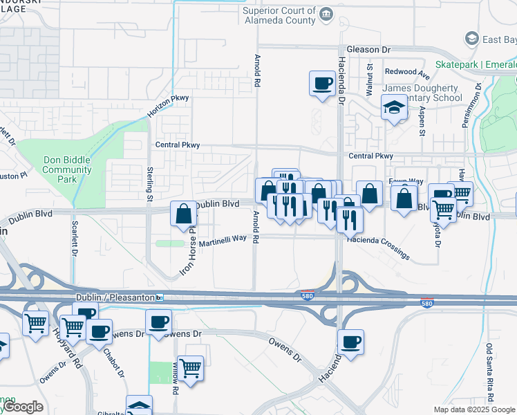 map of restaurants, bars, coffee shops, grocery stores, and more near 5298 Arnold Road in Dublin