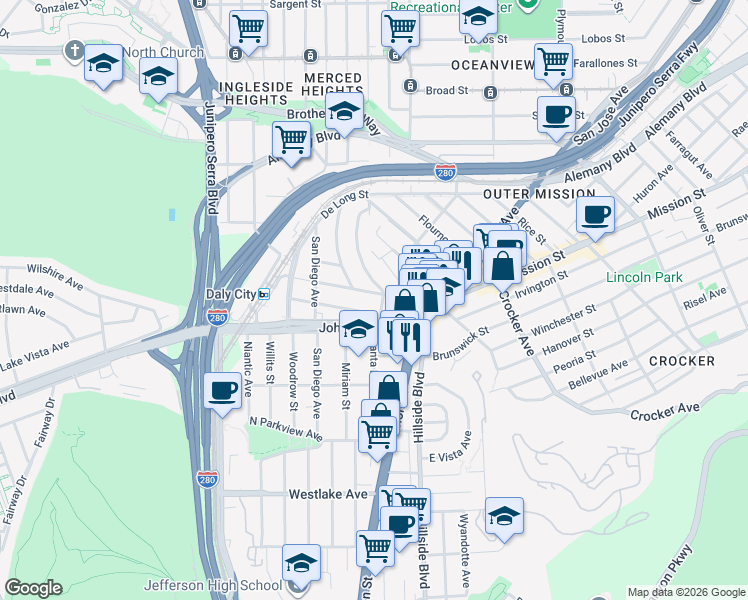 map of restaurants, bars, coffee shops, grocery stores, and more near 100 Los Banos Avenue in Daly City