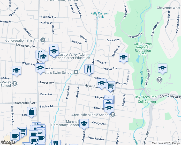 map of restaurants, bars, coffee shops, grocery stores, and more near 19085 Madison Avenue in Castro Valley