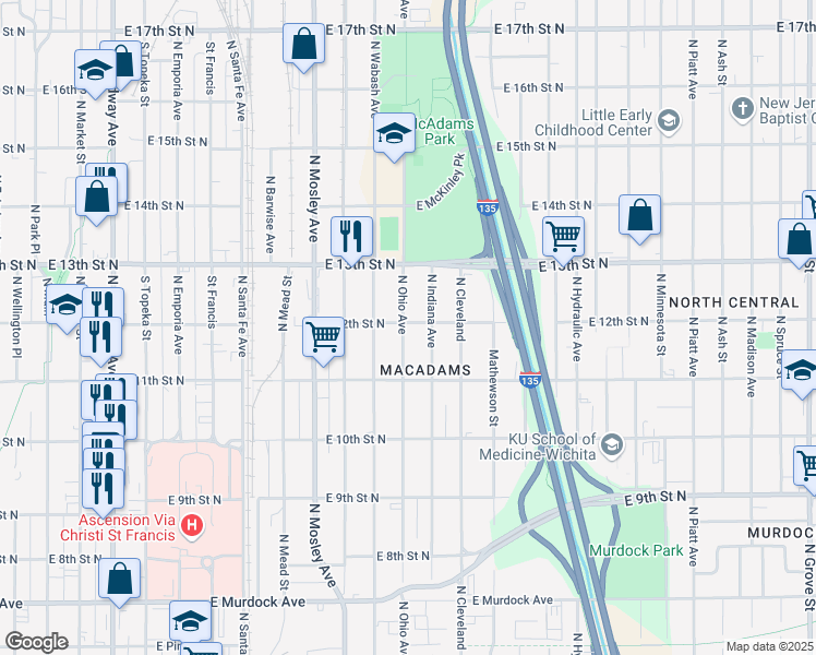 map of restaurants, bars, coffee shops, grocery stores, and more near 1205 East 12th Street North in Wichita